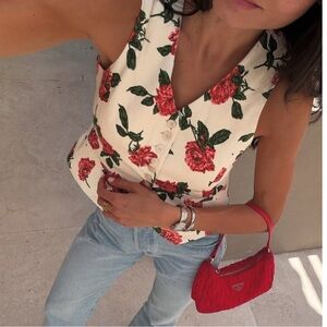 ROUJE Ecru Red Green Floral Printed V Neck Button Down Jaco Vest Top 40, US 6/8